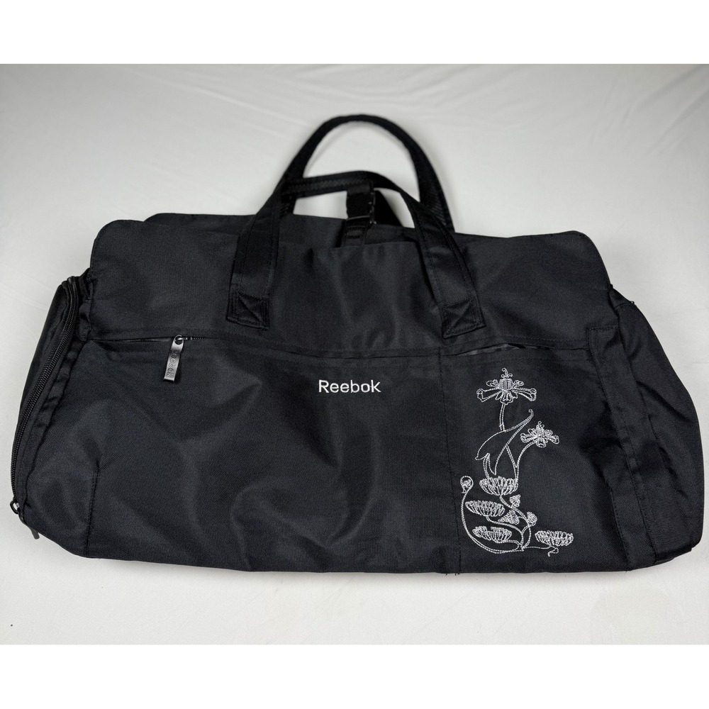 Reebok Black Canvas Yoga Bag Floral Embroidery Gym Travel Weekender Luggage